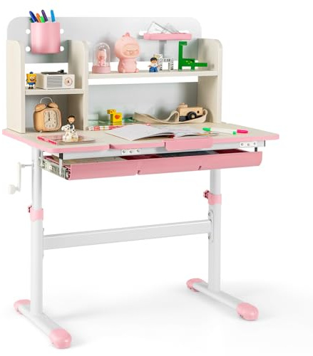 DREAMADE Schreibtisch Kinder höhenverstellbarer und neigungsverstellbar, Schülerschreibtisch Lerntisch Jungendschreibtisch, Kinderschreibtisch mit Schublade und Bücherregal (Rosa, 80 x 51 x 110,5 cm)