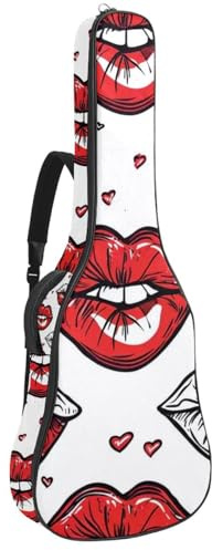 Handgezeichnete rote Lippen & Herz 104,4 cm Akustikgitarrentasche mit verstellbarem Schultergurt, Gitarrentasche mit Rückenaufhänger, geeignet für E-Gitarren, Bassgitarren, klassische Gitarren,