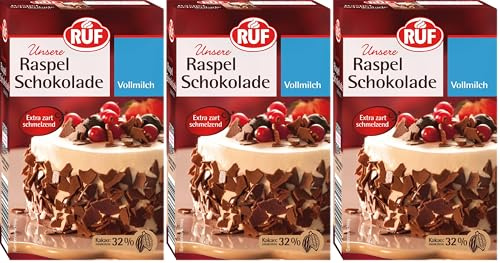 RUF Raspel-Schokolade Vollmilch, hauchdünn geraspelte Vollmilchschokolade, Schoko-Raspeln zartschmelzend für Kuchen, Torten, Muffins & Eis, glutenfrei (Packung mit 3)