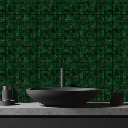 Tile Stickers 15x15cm Dark Green Gold Stick on Tiles Self Adhesive Wall Tiles Peel and Stick Kitchen Tile Stickers Tile Stickers for Bathroom Waterproof Stick on Wall Tiles (50 Pcs)