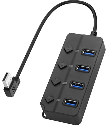 YACSEJAO - Hub USB de 90 grados divisor de datos USB 2.0 con botón LED individual encendido/apagado, interruptor DC5,5 x 2,1, puerto de alimentación para portátil, PC (4 puertos, 0,3 m)