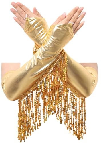 Aislor Damen Metallic Handschuhe Glänzend Pailletten Fransen Handschuhe Ellbogen Handschuhe Armstulpe Tanzhandschuhe Halloween Karneval Kostüm