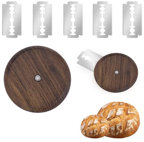 OUDQFCJ 1 Set per Taglio e 5 Lame, Taglierino per Pane, Lametta per Pane, Coltello per Impasto, Taglia Pane, Accessori per Fare il Pane, Versione Rotonda, in Legno di Noce