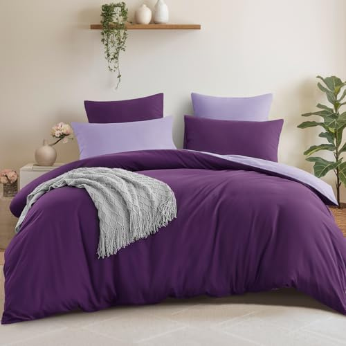 Aisbo Double Size Duvet Cover Set - 3Pcs Reversible Bedding Bed Set Purple and Lavender Double Soft Brushed Microfiber Quilt Cover with 2 Pillowcases 50x75cm