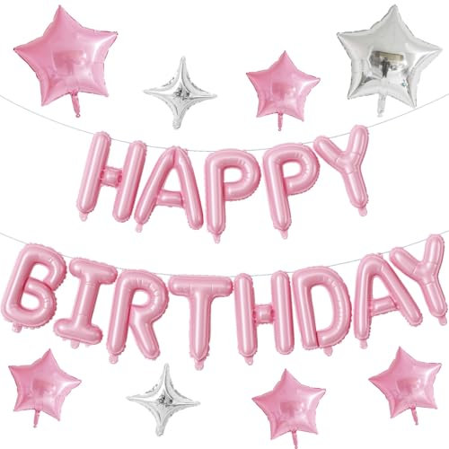 Happy Birthday Balloon Banner, 16 Inch Light Pink Mylar Foil Letter Balloons, Reusable Birthday Decorations with Pastel Pink and Silver Star Balloon, Inflatable Party Supplies for Women Girls Decor