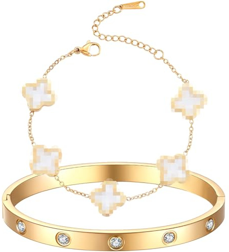 Tashce Vierblättriges Kleeblatt Armband Gold, 2er-Set 18K Vergoldeter Armreif, Clover Bracelet für Frauen, Glückssymbol Schmuck Geschenk für Hochzeit, Geburtstag, Valentinstag