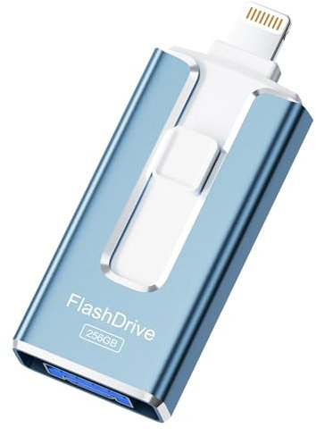 SUDEHO USB Stick 256GB for iPhone, MFi Certified Lightning Memory Stick Stable Data Transfer, 4-in-1 Flash Drive for iPhone/iPad/Android/PC, Easily Back Up and Save Files, AshBlue