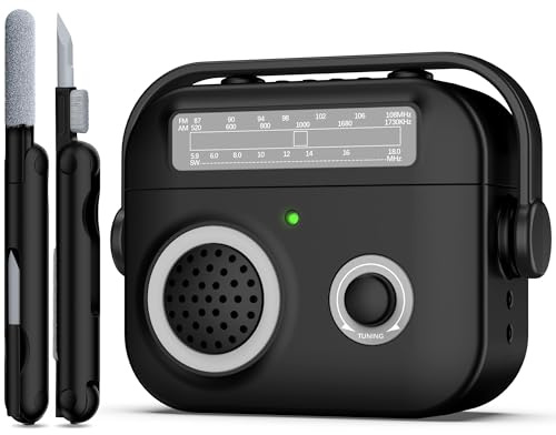 R-Fun para Funda AirPods 4, Funda Protectora de Silicona Antigolpes Compatible con AirPods 4 Generación, Funda Protectora Diseño Radio Vintage con Mosquetón, LED Frontal Visible,Negro
