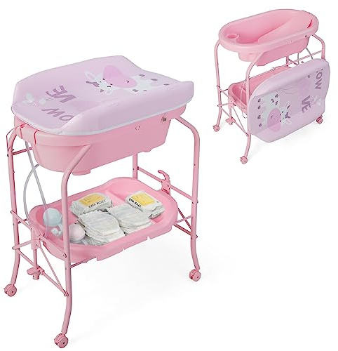 LIFEZEAL 2-en-1 Table à Langer & Baignoire Pliable Bebe, Commode à Langer Bébé avec Panier de Rangement, Roues Universelles, Charge de 35 kg, 0-12 mois (Rose)