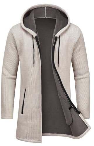 MODFUL Mens Knitted Cardigan Hooded Warm Sweater | Mid-Length, Full Zipper, Pockets