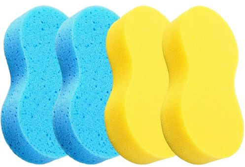 4PCS Car Wash Sponge Set, Extra Thick Honeycomb Jumbo Car Sponges for Washing, Super Absorbent Cleaning Sponges Non Scratch, Durable Car Washing Kit for Vehicle Boat RV Motorcycle (2 Yellow+2 Blue)