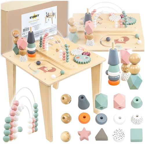 ZOLTA Spieltisch Montessori ab 1 Jahr Motorikspielzeug mit Perlenlabyrinth Formen Sortierer Zahnrädern Bauklötzen Motorikschleifen Lernspielzeug für Kinder Kleinkinder Stabil Holz 59x44x44 cm