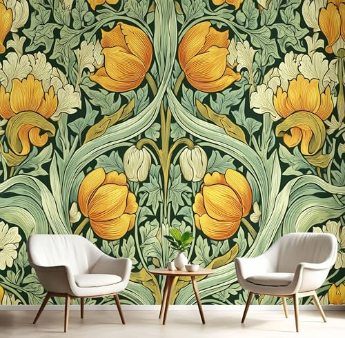 ANALTIRCE Papier Peint Panoramique Plantes Et Fleurs Abstraites,Papier Peint 3D Motif Tulipes Lierre Intissé Wallpaper Chambre Bureau Déco 400×280cm Personnalisé Décoration Murale Vert Sauge