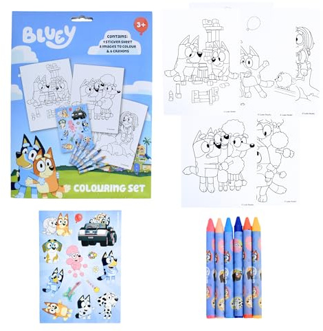 Bluey Juego de Papelería, Incluye 6 Ceras de Colorear, 8 Hojas de Colorear y Pegatinas, Regalo Set de Papeleria para Niños