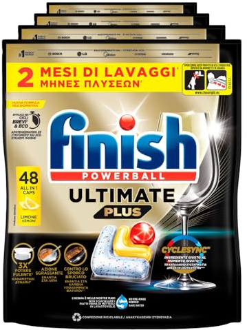 Finish Powerball Ultimate Plus 192 Pastiglie Capsule Limone Lavastoviglie Contro le Macchie di Bruciato Brillantezza Eccezionale Pulizia Intensa - 4 Confezioni da 48 Tabs