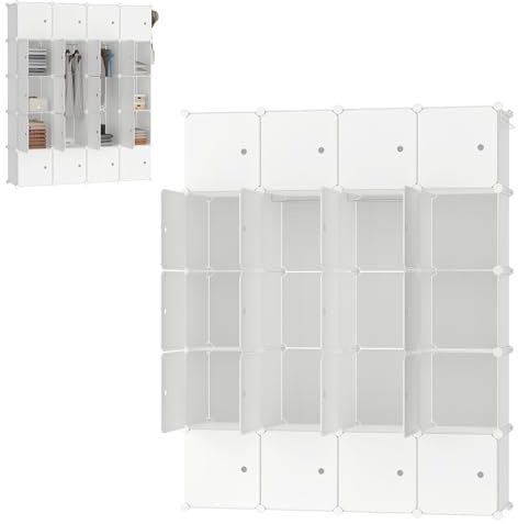 VA-Cerulean Regalsystem Steckregal aus Kunststoff Kleiderschrank mit Tür und Kleiderstange Schrank Schlafzimmer Kombischrank für Kleidung,Bücher,Spielzeug(20 Würfel, Milchig)