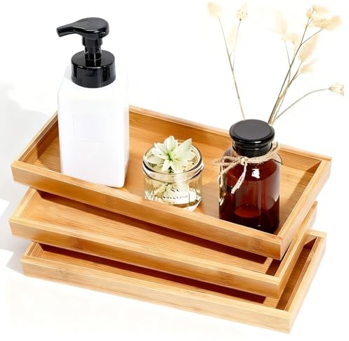 3 Stück Bambus Serviertablett, Rechteckig Holztablett 29×11×3cm Badezimmer Tablett Kosmetik Holz Tablett Klein Deko Kaffeetablett für Küchen Hotel Restaurant Frisiertisch Büro