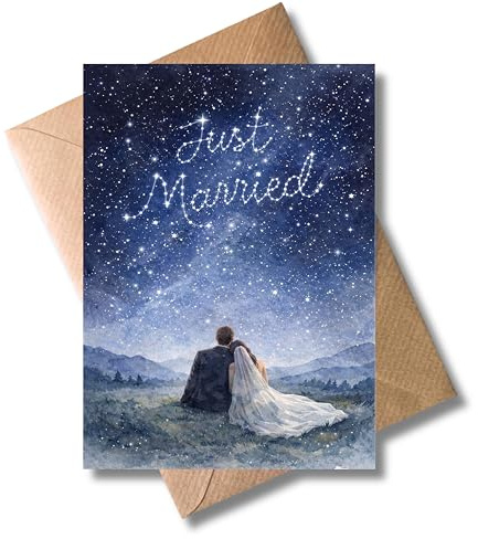 WBdesignz Hochzeit Karte „Just Married“ - romantische Glückwunschkarte mit Umschlag - liebevolle Karte mit Sternenhimmel und Brautpaar für Hochzeit, Verlobung, Trauung, Vermählung (DIN A6)