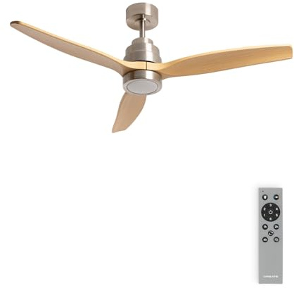 CREATE / WINDSTYLANCE M/Ventilador de techo ABS con luz níquel aspas efecto madera natural con mando / 40W, Silencioso, Ø132 cm, 6 velocidades, temporizador, verano-invierno, doble altura, motor DC