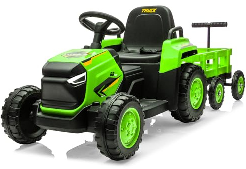 Garvee Elektro Traktor mit Anhänger, Elektro Traktor für Kinder 12V mit Fernbedienung, LED-Licht, Musik und Hupe, Kinder Elektroauto ab 3 Jahren, Grün