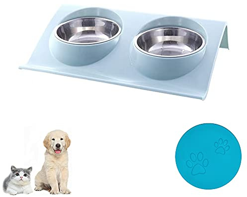 Ciotola per Gatti in Acciaio Inox, Pet Ciotole Doppia, Gatti Ciotola Portatile,（1 coperchio per lattina/barattolo in omaggio） (Piccolo, Blu)