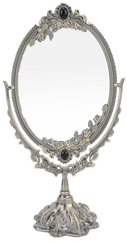 Agatige Vintage Schminkspiegel mit Standfuß rehbarer Make-up Spiegel 360°, Metall Tischplatte Antik Dekorativer Make-up Spiegel Ovale Spiegelfläche Kosmetikspiegel für Tisch, Bad & Kommode