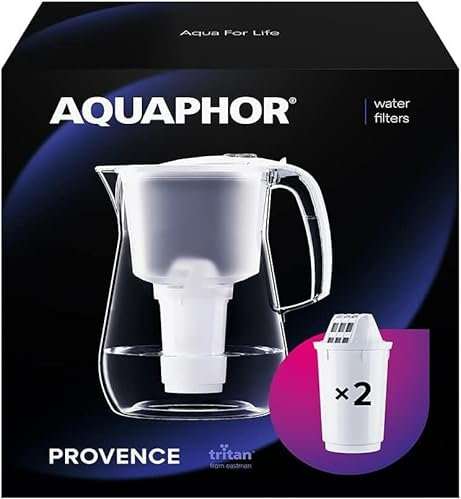 AQUAPHOR Provence - Filtro de agua blanco con 2 filtros A5, jarra para 4,2 l, gran filtro de agua con aspecto de cristal, reduce la cal y el cloro, filtro de agua de mesa, elegante recipiente,