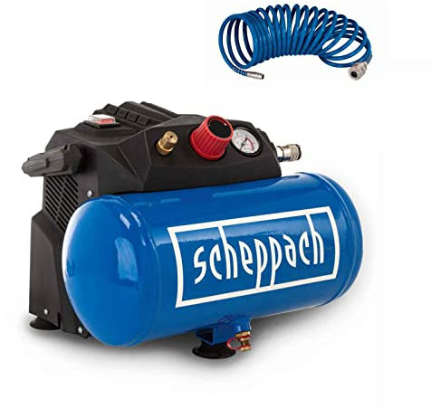 Scheppach Druckluft Kompressor HC06 ölfrei | 6L Kessel | 8 bar Arbeitsdruck | 1200 Watt Leistung | Ansaugleistung 200 L/min | mobil & kompakt Luftkompressor | inkl. 5m Schlauch