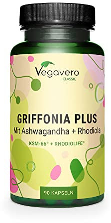 Vegavero 5-HTP Kapseln | aus Griffonia | Mit Ashwagandha KSM-66 und Rhodiola Rosea Rhodiolife | Adaptogene Komplex | Laborgeprüft | Ohne Zusatzstoffe | Deutsche Produktion