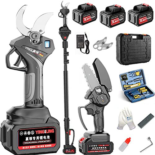 TAHALI Sécateur électrique avec Perche d'extension, Coupe-Branches Professionnel sans Fil avec Affichage de la Puissance, tronçonneuse, Taille-Bordures Diamètre de Coupe 50 mm,Battery*3