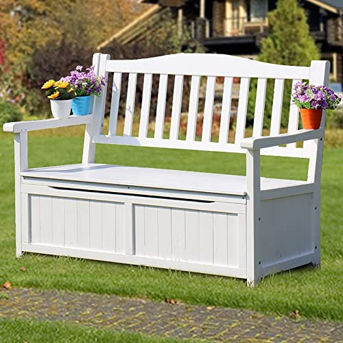 ZMYJTO Garten-Aufbewahrungsbank, Aufbewahrungsbank im Freien, große Deckbox, Holz-2-Sitzer-Aufbewahrungsbank, Möbel-Aufbewahrungsbank mit Stuhlrückenlehne für Terrasse, Garten, Deck, Veranda und Ba