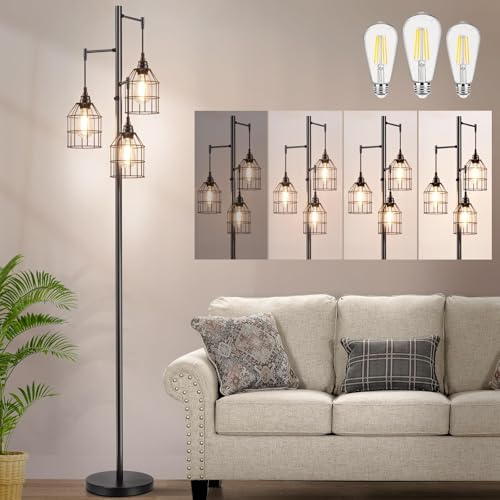 Sucolite 70 Dimmable Floor Lamp for Living Room, Industrial 3-Light Tree Floor Lamp Black with Cages, Farmhouse Rustic Tall Standing Lamp Floor Lighting for Bedroom Office, 3 Free LED Edison Bulbs