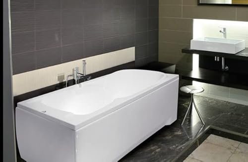 ECOLAM® Badewanne Wanne Rechteck Majka Design Acryl weiß 150x70 cm + Schürze Ablaufgarnitur Ab- und Überlauf Automatik Füße Silikon Komplett-Set Wanne