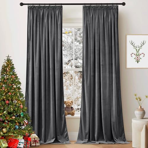 PONY DANCE Schlafzimmer Gardinen Samt Thermovorhang mit Kräuselband 2er Set Velvet Curtains (300g/m²) Schwere Vorhänge Kälteschutz Verdunklungsvorhänge für Schiene Samtvorhang, H 220 x B 132 cm