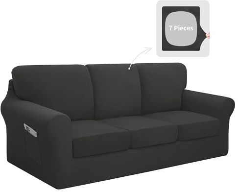 Easy-Going 7 Pieces Stretch Couch Cover Washable Sofa Cover Set for 3 Backrest and Seat Cushion Couch Anti-Slip Sofa Slipcover Furniture Protector with Elastic Bottom (Large, Dark Grey)