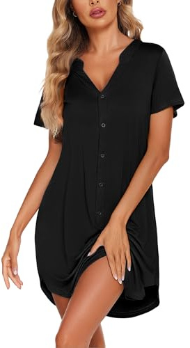 Irdcomps Chemise de Nuit Femme Coton Chemises de Nuit à Bouton Ouvert Devant Robe de Nuit à Manches Courtes Vêtements de Nuit Ete Tee Shirt Nuit Col V Nightie Sleep Nightgown Couleur Unie Noir S