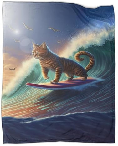 Outdoor-Spieldecken im Frühling, lustige Katze, Surfen, Plüsch-Überwurf, ultraweiches Flanell-Fleece, Bedruckt, warm haltende Decken, 150 x 200 cm