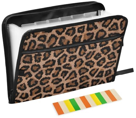 Classeur extensible à 13 poches avec étiquettes A4 et fermeture éclair Motif léopard Noir