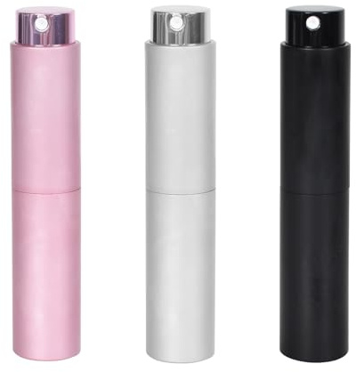 Zimoer 10ML Zerstäuber Sprühflasche, 3 Stück Zerstäuber Parfüm Reise Parfümzerstäuber Nachfüllbar, Mini Spruehflasche, Parfum Zerstäuber für Unterwegs, Parfüm Behälter, Silber Pink Schwarz