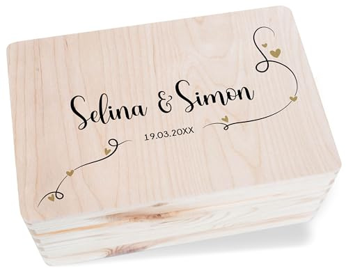 Holzkiste - Hochzeit - Liebes Erinnerungsbox mit Name Datum | Beziehung | Love | Erinnerungen Partner | Valentinstag | Liebesgeschenk | Paar Liebe - 30x20x14 cm - Holz - geschenke für brautpaar￼