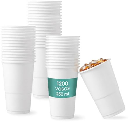 1200 vasos reutilizables de plástico resistente blancos de 250ml | Vasos para agua y refrescos. Ideales para fiestas, catering y oficinas. Aptos para bebidas frías y calientes