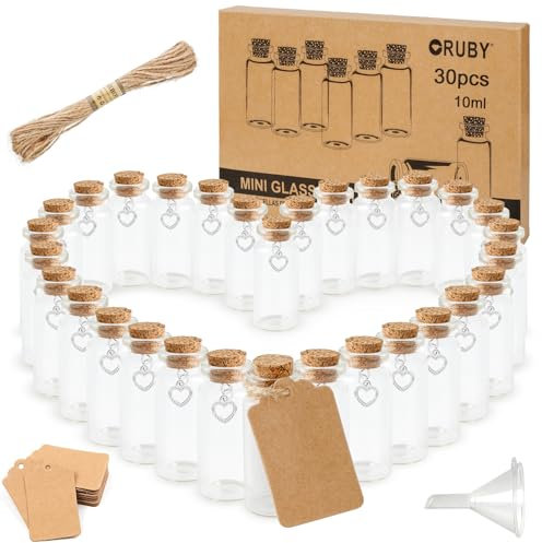 RUBY 30 Stück Mini Glasflaschen mit Korken 10ml Kleine Reagenzgläser mit Korken und Herz, Kleine Glasflaschen zum Gastgeschenke Hochzeit Hochzeitsdeko, Gewürzgläser mit Tag, 22x55mm