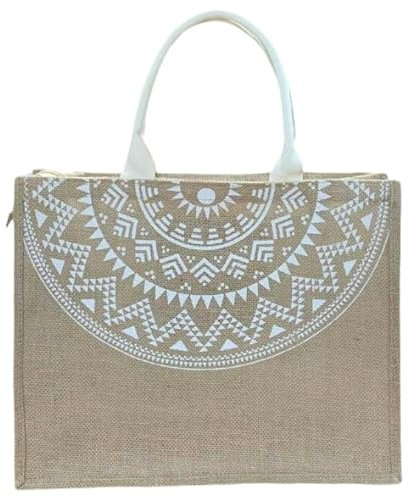 Ardorion Jute Tasche mit Reißverschluss und Innentasche Groß Shopper Bag Wasserdicht Einkaufstaschen Jutebeutel Strandtasche Handtasche Geschenktasche (weiß)