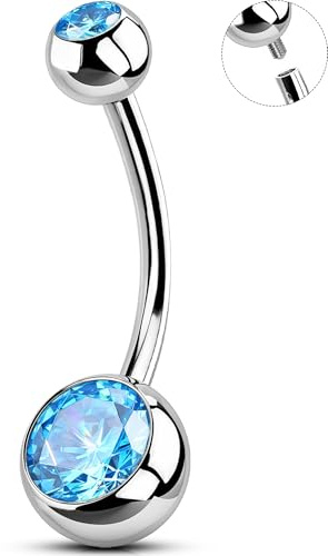 OUFER Body Piercing Iternally Belly Bars Piercing 316L Edelstahl Bauchnabelpiercing Schmuck 14G Bauchnabelpiercings 10/12/14/16mm Navel Bars Belly Button Ring Aqua CZ Navel Piercing