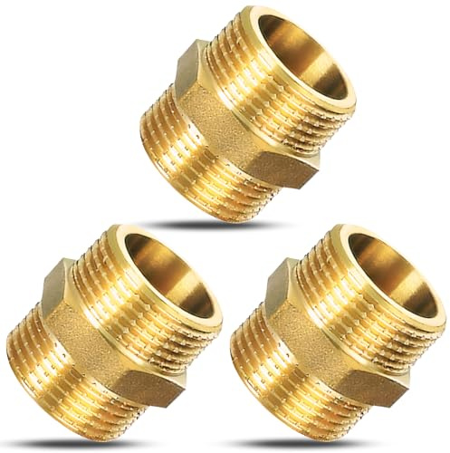 PipeSan Conector M/M 1 BSP de Latón – Pack de 3 Niples Dobles Hexagonales – Racor Macho para Agua, Gas, Aceite, Aire – Compatible Adaptador Grifo o Manguera – Resistente 10 Bar y 120 °C