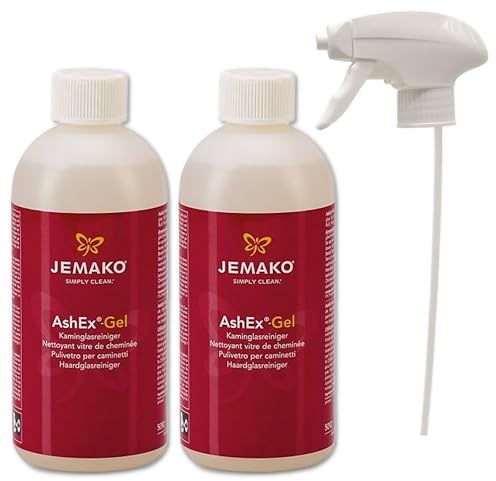 Jemako AshEx Kaminglasreiniger 2x 500 ml – mit Schaumpumpe – kraftvoll gegen Ruß, Glanzruß & Fett auf Kaminscheiben, Glastüren & Ofenglas – streifenfrei & kratzfrei – Kaminreiniger Made in Germany