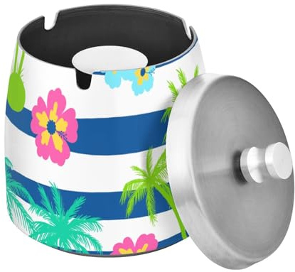 Edelstahl-Tischaschenbecher für den Außenbereich, für Zigarrendekoration, Palmen, Hibiskusblüten, blau-weiß, tragbarer rutschfester Zigarren-Aschenbecher mit Deckel für Zuhause, Büro, Bar