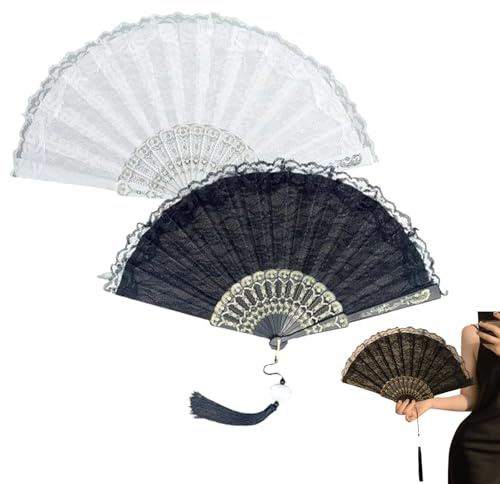 Eterspr 2 Stück Vintage Spitzenfächer, Fächer Spitze Fächerrippe Spitze, Faltfächer mit Anhänger, für Kostüm Halloween Tanzen Hochzeit Party Abschlussball Teeparty
