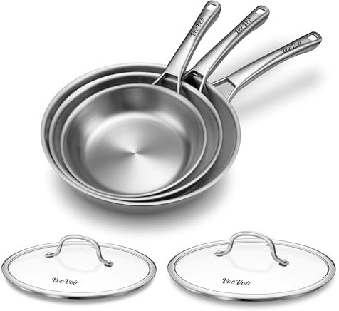 VocVoi Stainless Steel Pans,8in /10in+Lid /12in+Lid, Cookware Set