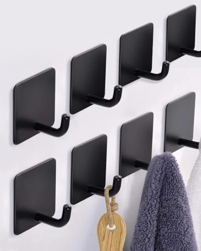 YLITREUS Haken Schwarz 8 Stück Klebehaken Extra Stark aus Edelstahl Handtuchhaken Ohne Bohren Wandhaken Selbstklebend Küchenhaken Kleiderhaken Türhaken Ideal für Bad Toilette Küche Büro Schlüssel